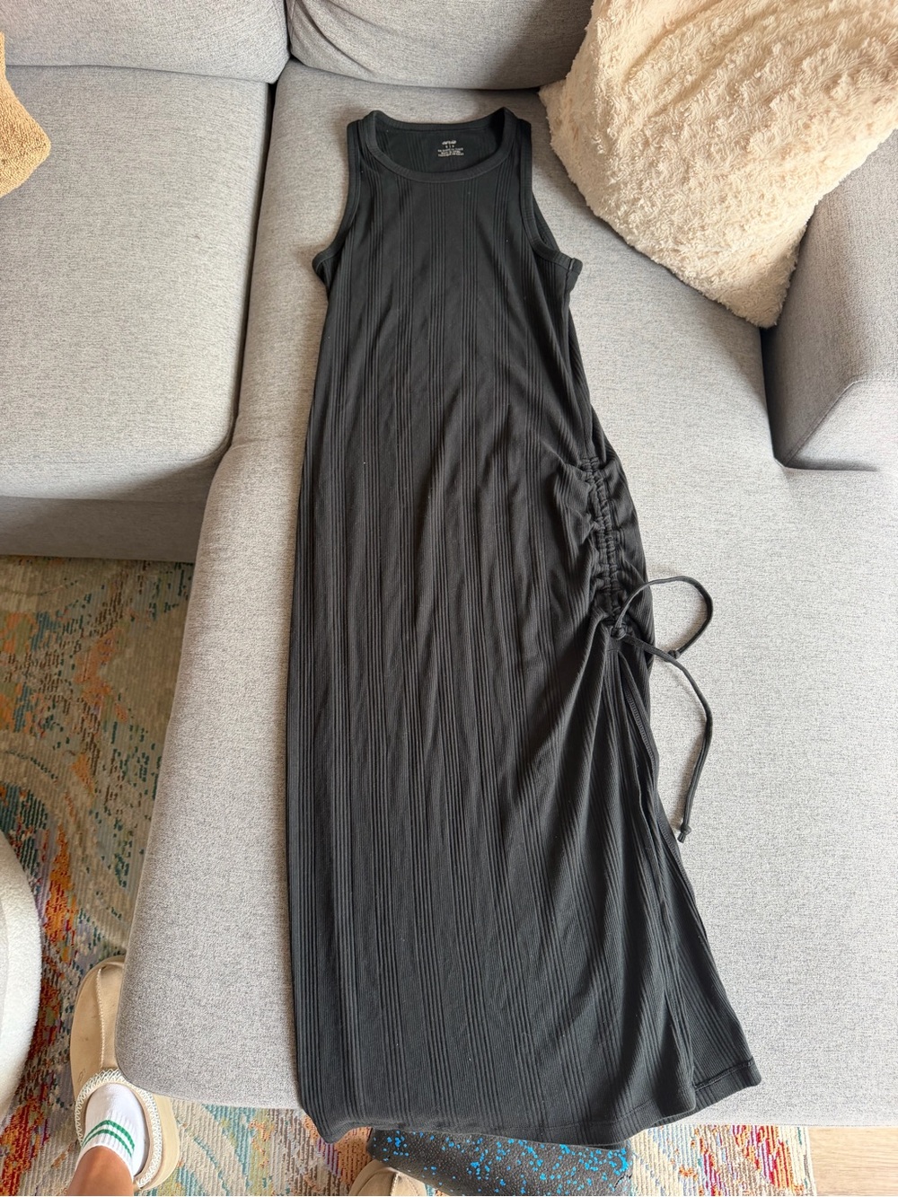 aerie Black Ribbed Tank Maxi Dress with Side Drawstring
